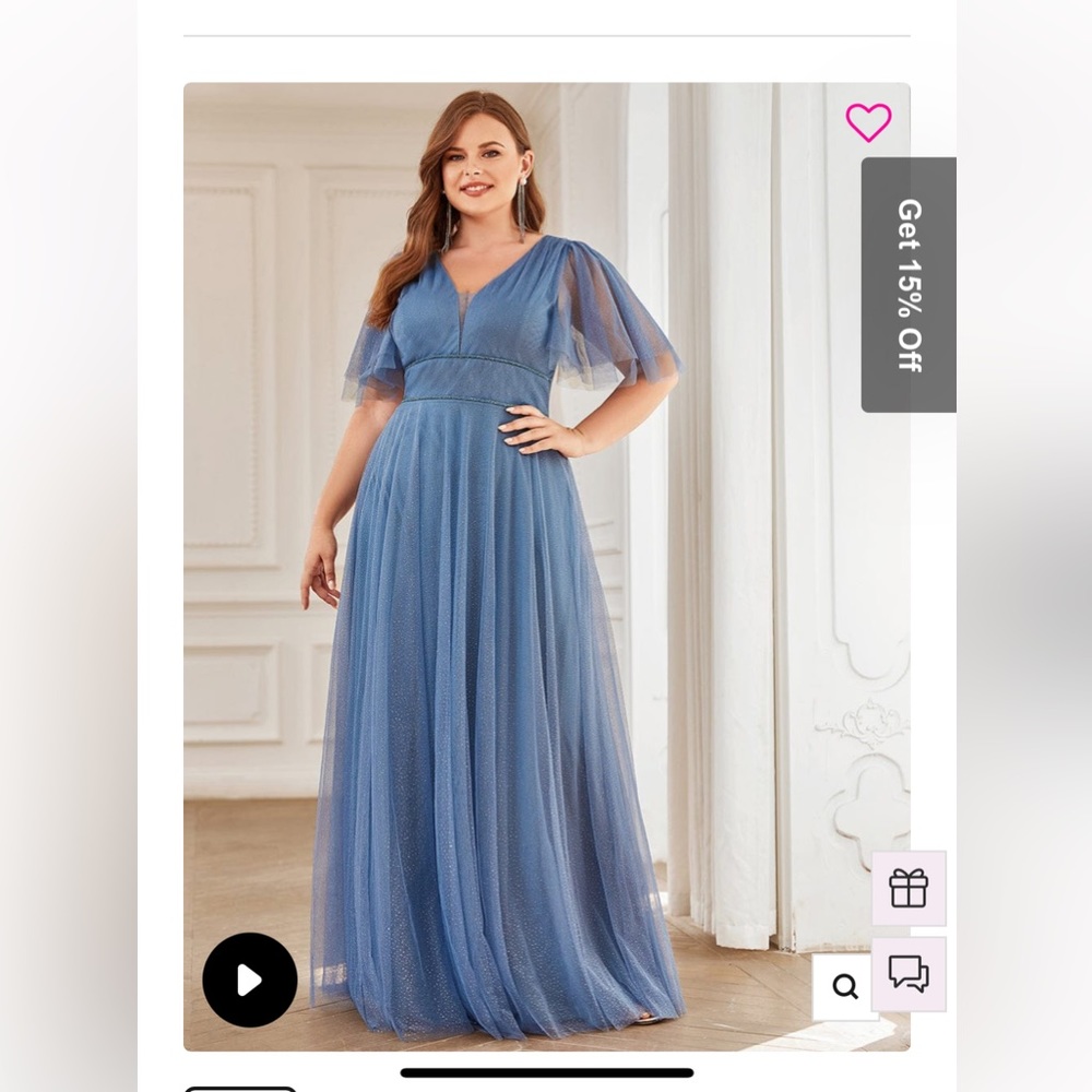 Tulle Glittery Formal Evening Dress with Ruffle Sleeves - Dusty Blue Size 22